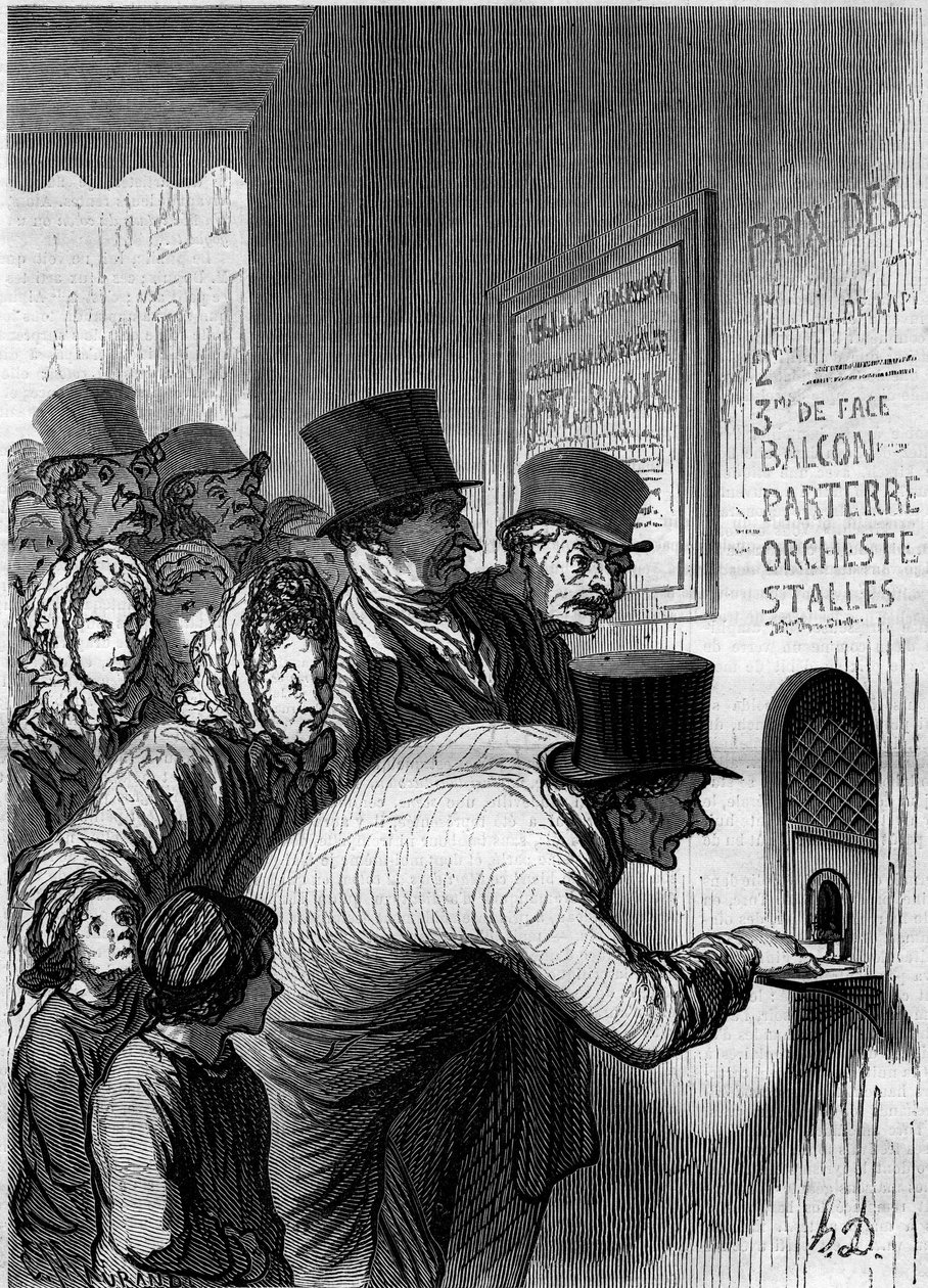 Une fenêtre de théâtre. Dessin humoristique par Honoré Daumier (1808-1879). Gravure dans « Le Monde Illustré » n°269 du 7 juin 1862. - Honoré Daumier