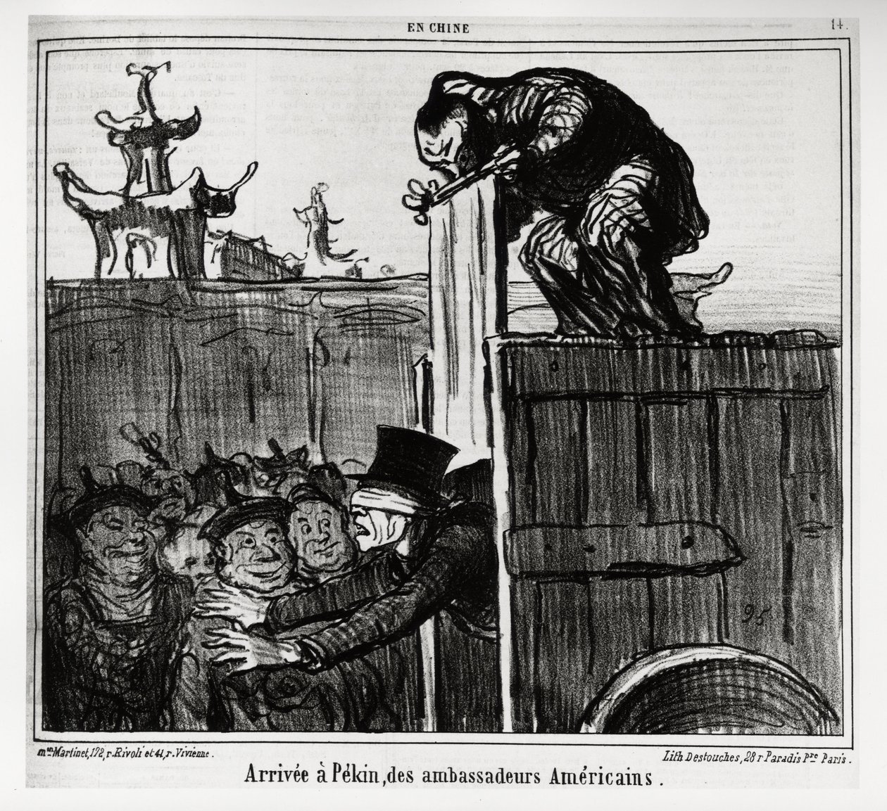 Arrivée à Pékin des ambassadeurs américains. Dans la série En Chine, illustration par Honoré Daumier (1808-1879), publié dans « Charivari », daté du 13 octobre 1859 - Honoré Daumier