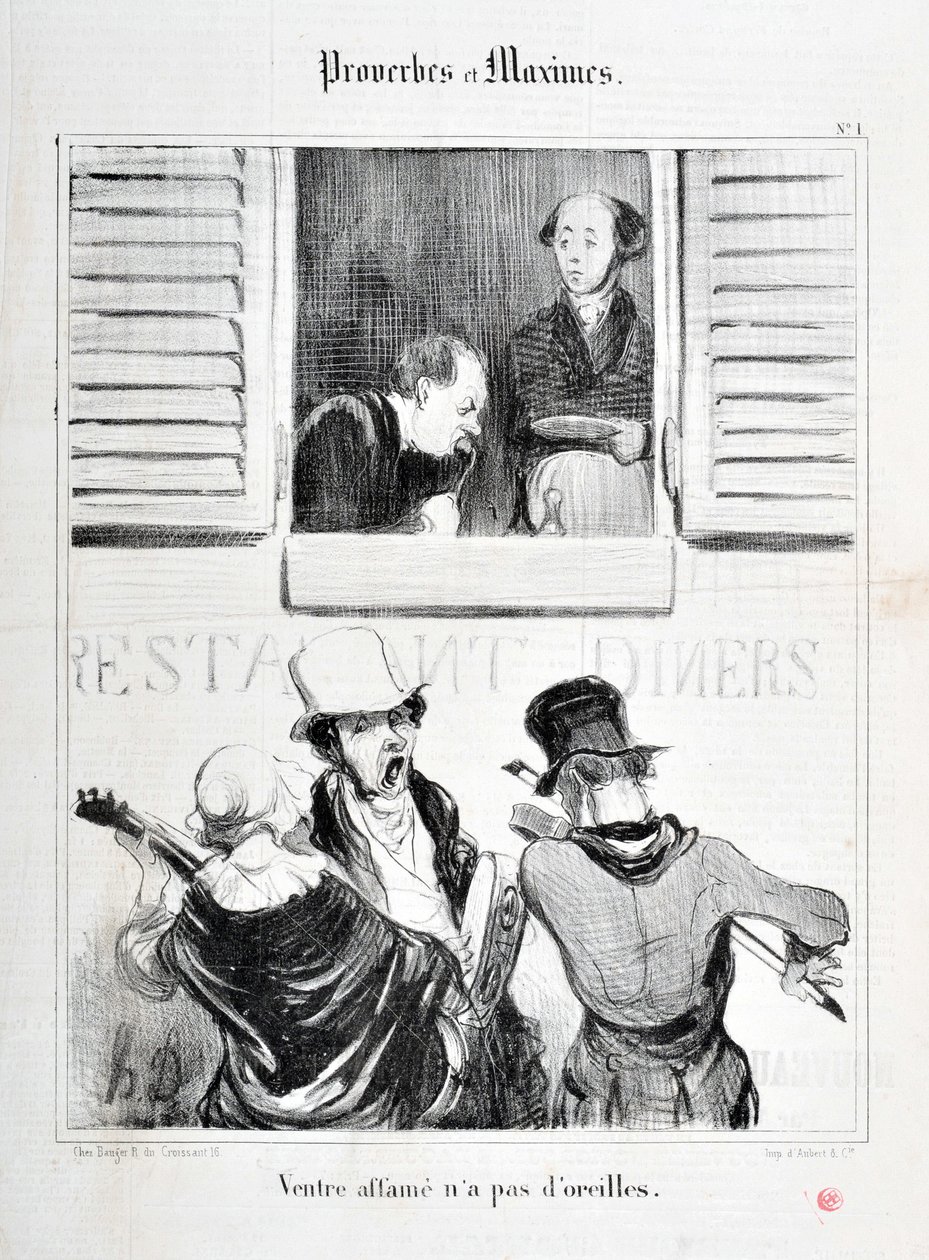 Œuvre de Honoré Daumier (1808-1879). Charivari datant de 1840 : Série PROVERBES ET MAXIMES Ventre affamé n