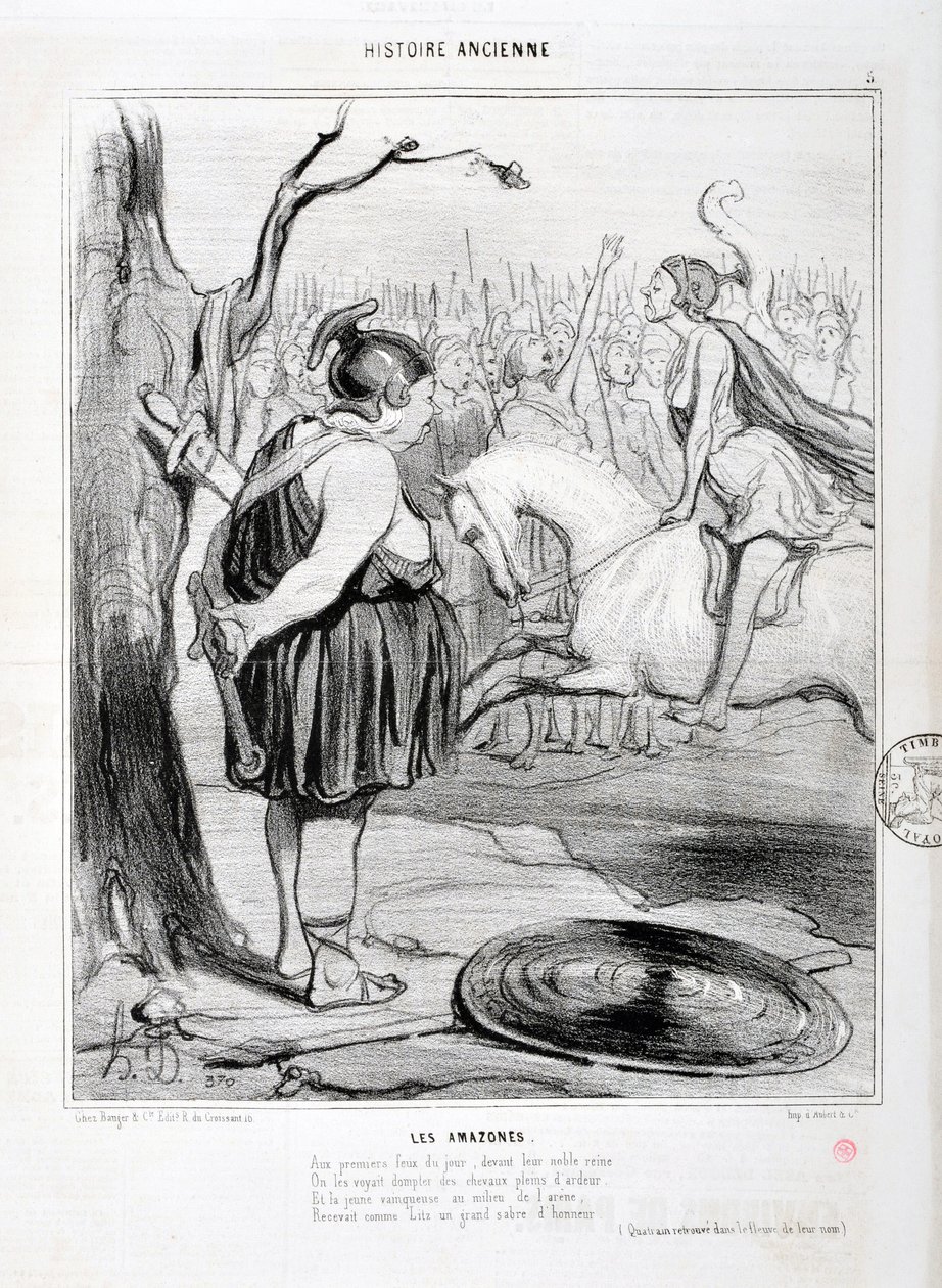 Œuvre de Honoré Daumier (1808-1879) Charivari date de 1842 : Série HISTORIE ANCIE Les Amazones. « Au premier feu du jour, devant leur noble reine, on les voyait dompter des chevaux pleins d