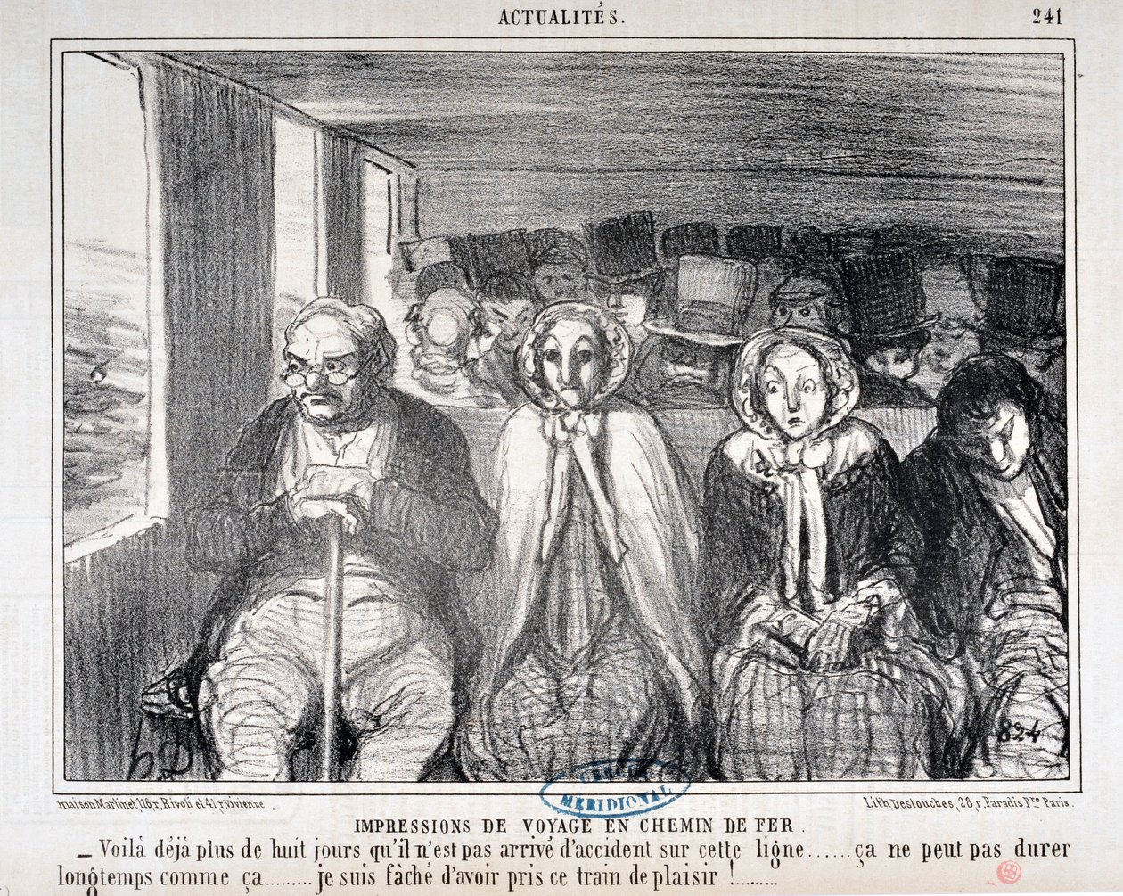 Œuvre de Honoré Daumier (1808-1879) Charivari datant de 1855 : Série Actualités de voyage en chemin de fer - Voici plus de huit jours qu