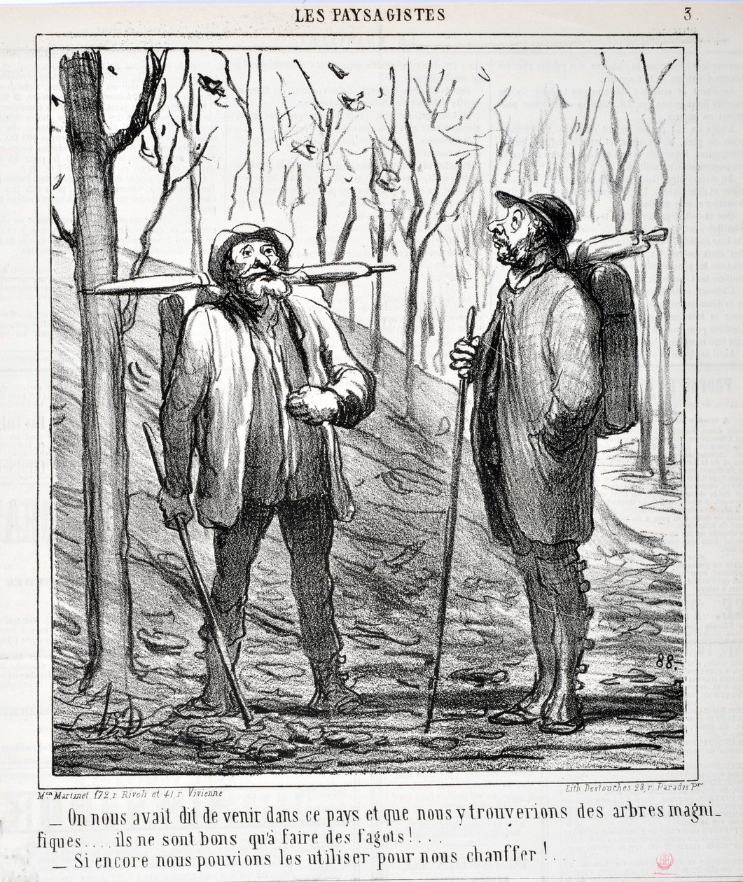 Œuvre de Honoré Daumier (1808-1879). Charivari daté de 1864 : Série LES PAYSAGISTES « - On nous avait dit de venir dans ce pays et que nous y trouverions de beaux arbres... ils sont bons pour faire des fagots !... Si nous pouvions les utiliser pour nous c - Honoré Daumier