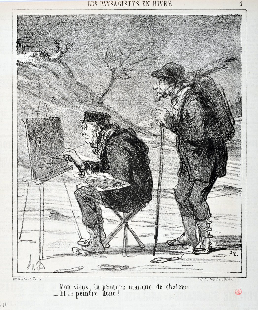 Œuvre de Honoré Daumier (1808-1879). Charivari date de 1864 : Série LES PAYSAGISTES EN HIVER - Mon vieux, ta peinture manque de chaleur - Et le peintre aussi ! MUSEE DES BEAUX ARTS - PALAIS LONGCHAMP, MARSEILLE - Honoré Daumier