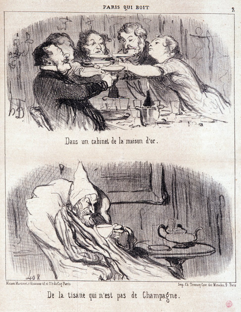 Caricature sur les abus gastronomiques. Série « Paris qui boit » : « Dans un cabinet de la maison d