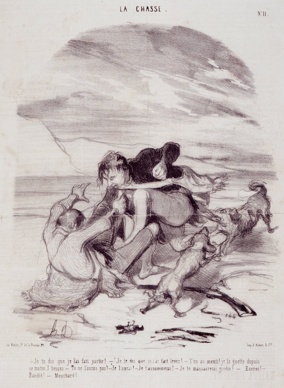 Caricature sur les chasseurs. Série « Les beaux jours de la vie - La chasse » : « Je vous dis que je l