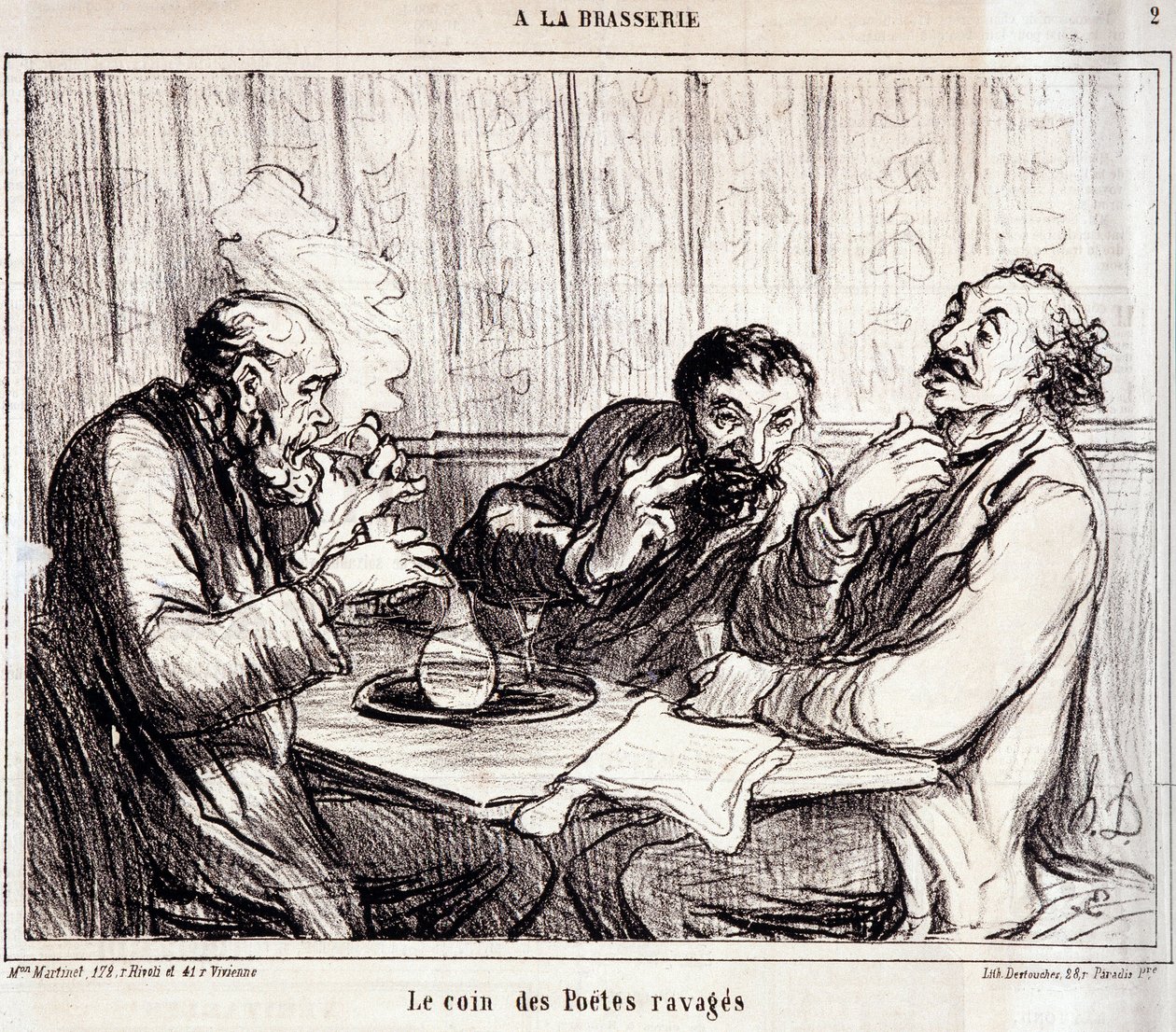 Caricature sur les poètes. Série « À la brasserie » : « Le coin des poètes ravagés ». Gravure par Honoré Daumier (1808-1879). Extrait du journal « Le Charivari » du 7 janvier. - Honoré Daumier