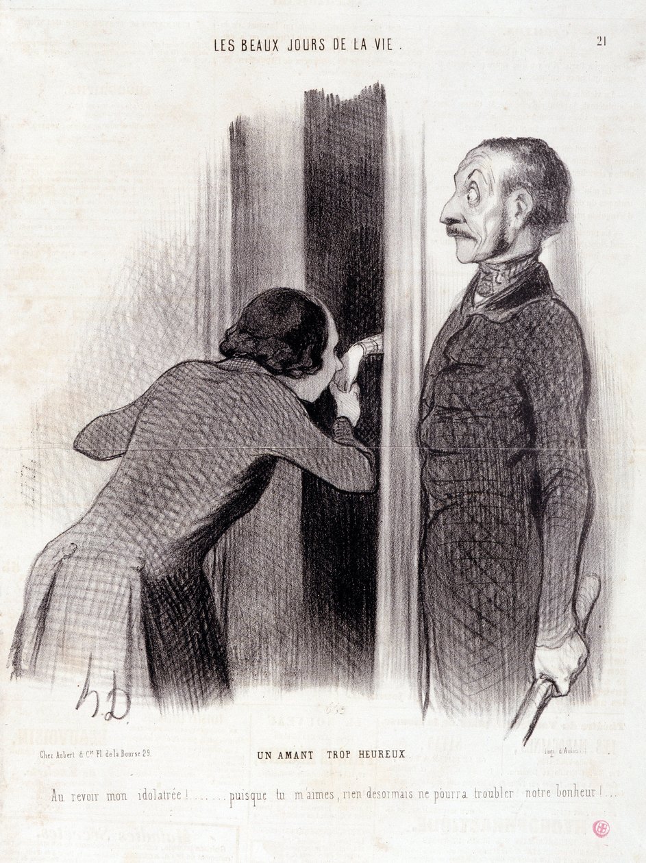 Caricature sur le couple. Série « Les Beaux Jours de la Vie » : « Un amant trop heureux... ». Gravure par Honoré Daumier (1808-1879). Extrait du journal « Le Charivari » du 1er septembre. - Honoré Daumier