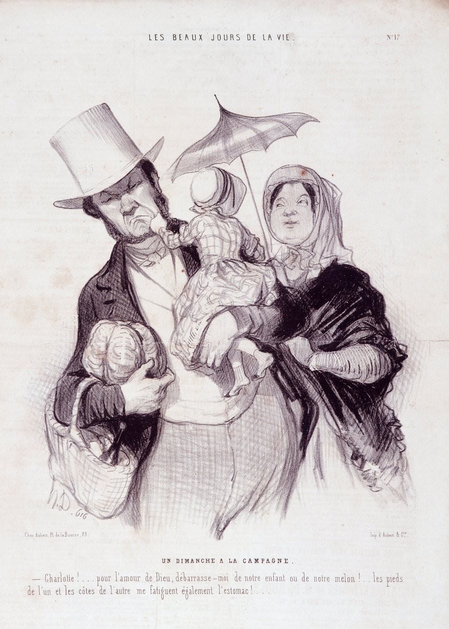 Caricature sur la famille. Série « Les Beaux Jours de la Vie » : « Un dimanche à la campagne... ». Gravure par Honoré Daumier (1808-1879). Extrait du journal « Le Charivari » du 21 juillet. - Honoré Daumier