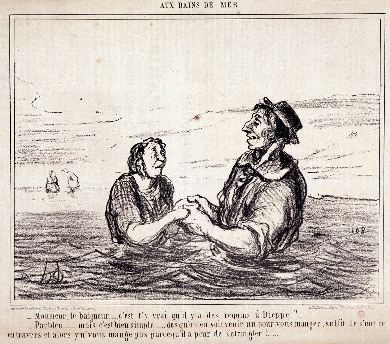 Caricature sur les touristes en vacances. Série aux Bains de Mer : Monsieur le baigneur... est-il vrai qu