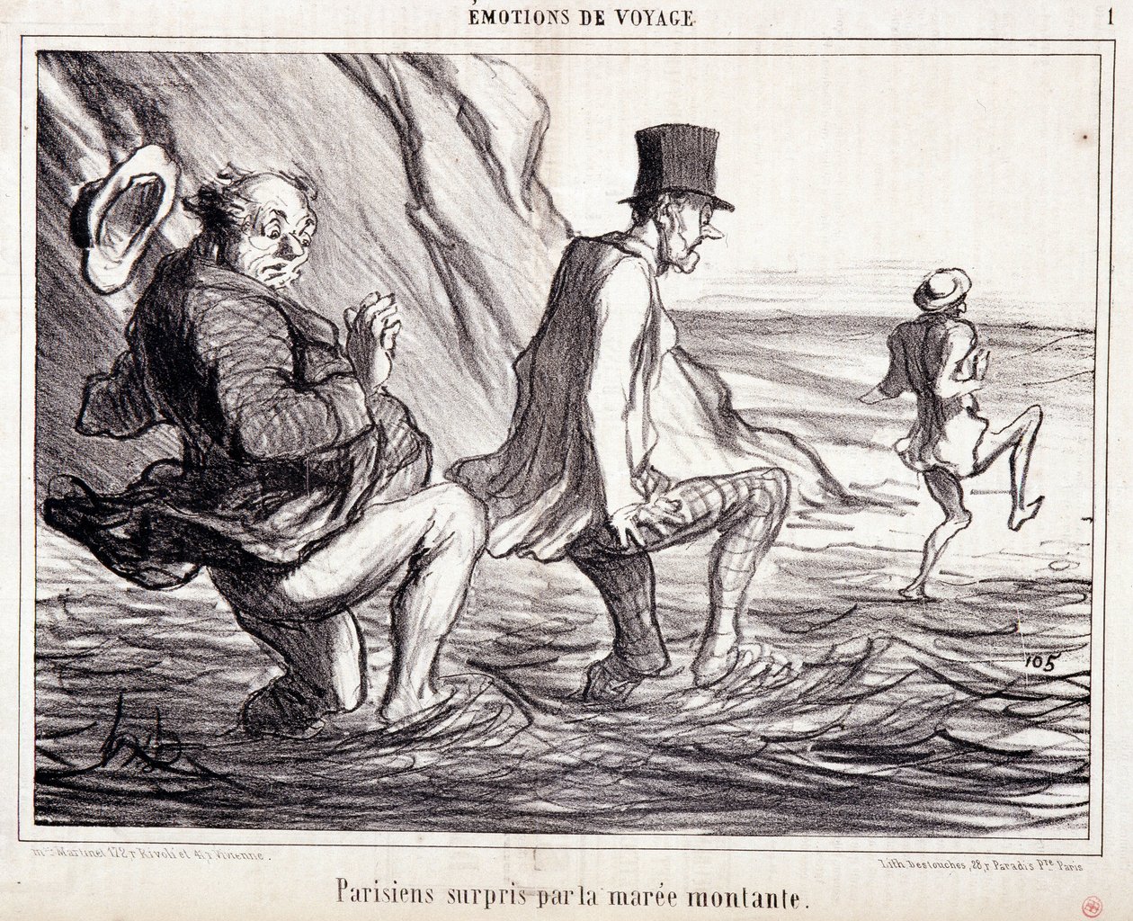 Caricature sur les touristes en vacances. Série « Les Bains de Mer » : « Émotions de voyage. Parisien surpris par la marée montante ». Gravure par Honoré Daumier (1808-1879). Extrait du journal « Le Charivari » du 8 octobre. - Honoré Daumier