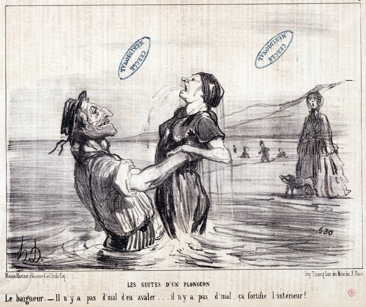 Caricature sur les touristes en vacances. Série « Les Bains de Mer » : « Croquis aquatique. Les séquences d