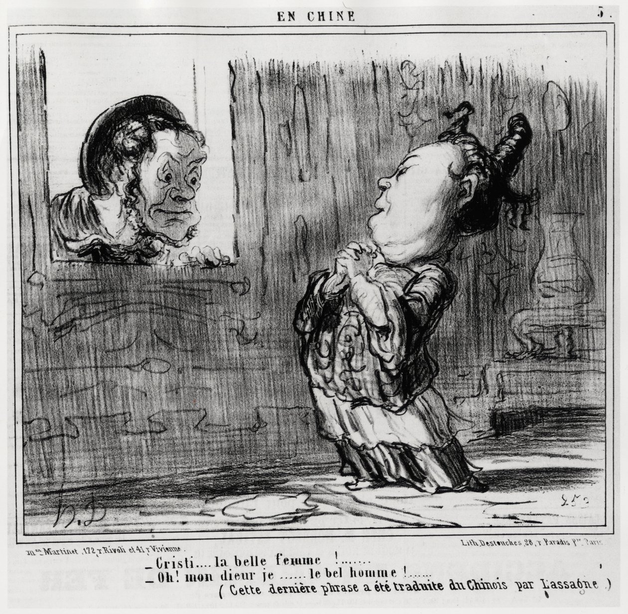 Christi, la belle femme ! ; « Oh ! Dieu, moi... Le bel homme ! » (Cette dernière phrase a été traduite du chinois par Lassagne.), dans la série En Chine, illustration par Honoré Daumier (1808-1879), publiée dans « Charivari » - Honoré Daumier