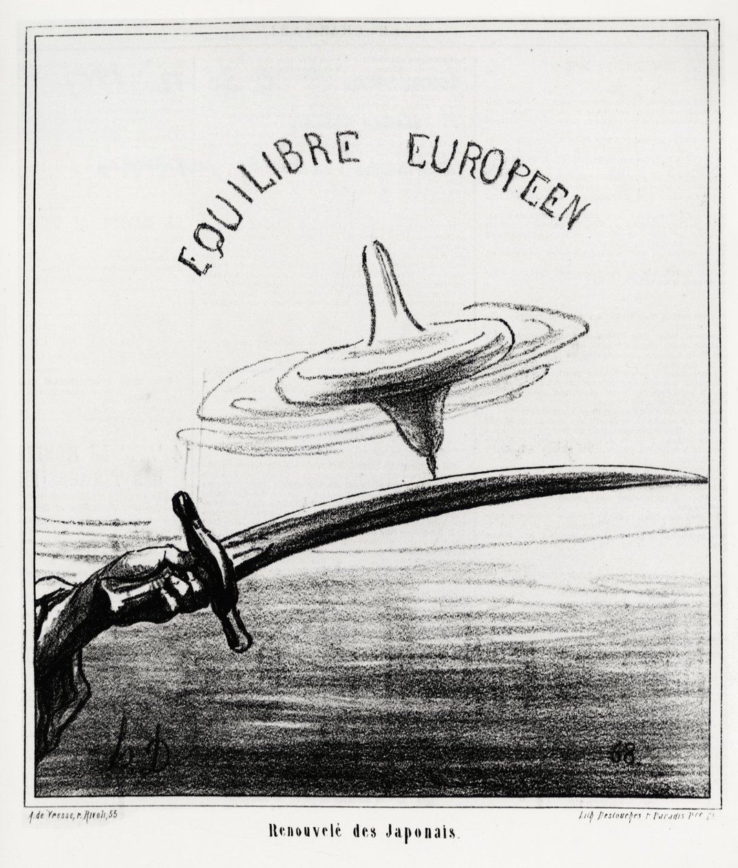 Équilibre européen : renaissance japonaise. Juste après la restauration du régime impérial au Japon, suite à la démission du shogunat Tokugawa en novembre 1867. Illustration d