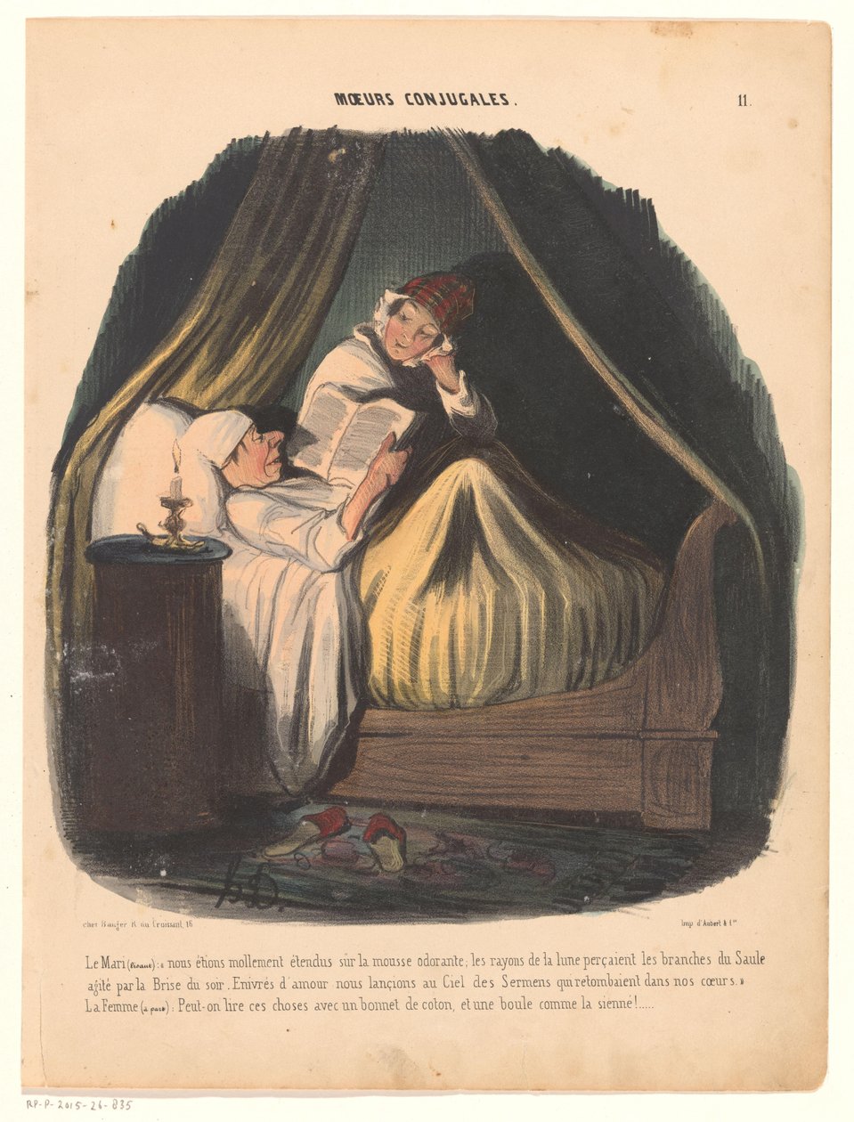 Homme lisant au lit avec sa femme à côté (Mœurs conjugales) - Honoré Daumier
