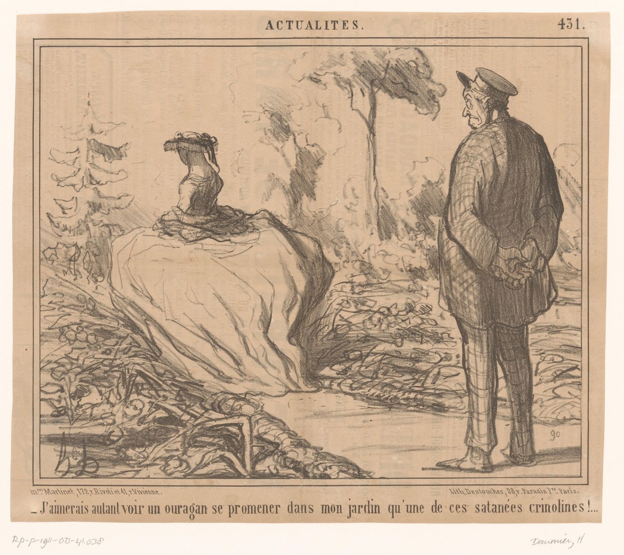 Homme voit une femme avec une jupe à cerceaux se promener dans son jardin - Honoré Daumier