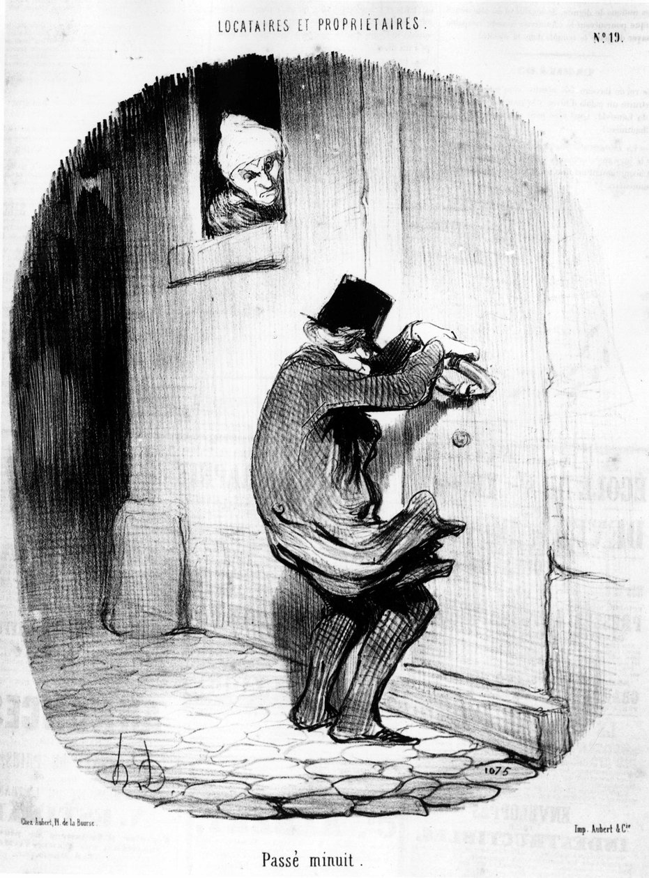 Passé minuit. homme rentrant tard au locataire, tiré de Tenants et Propriétaires, série de caricatures par Honoré Daumier. Charivari - Honoré Daumier