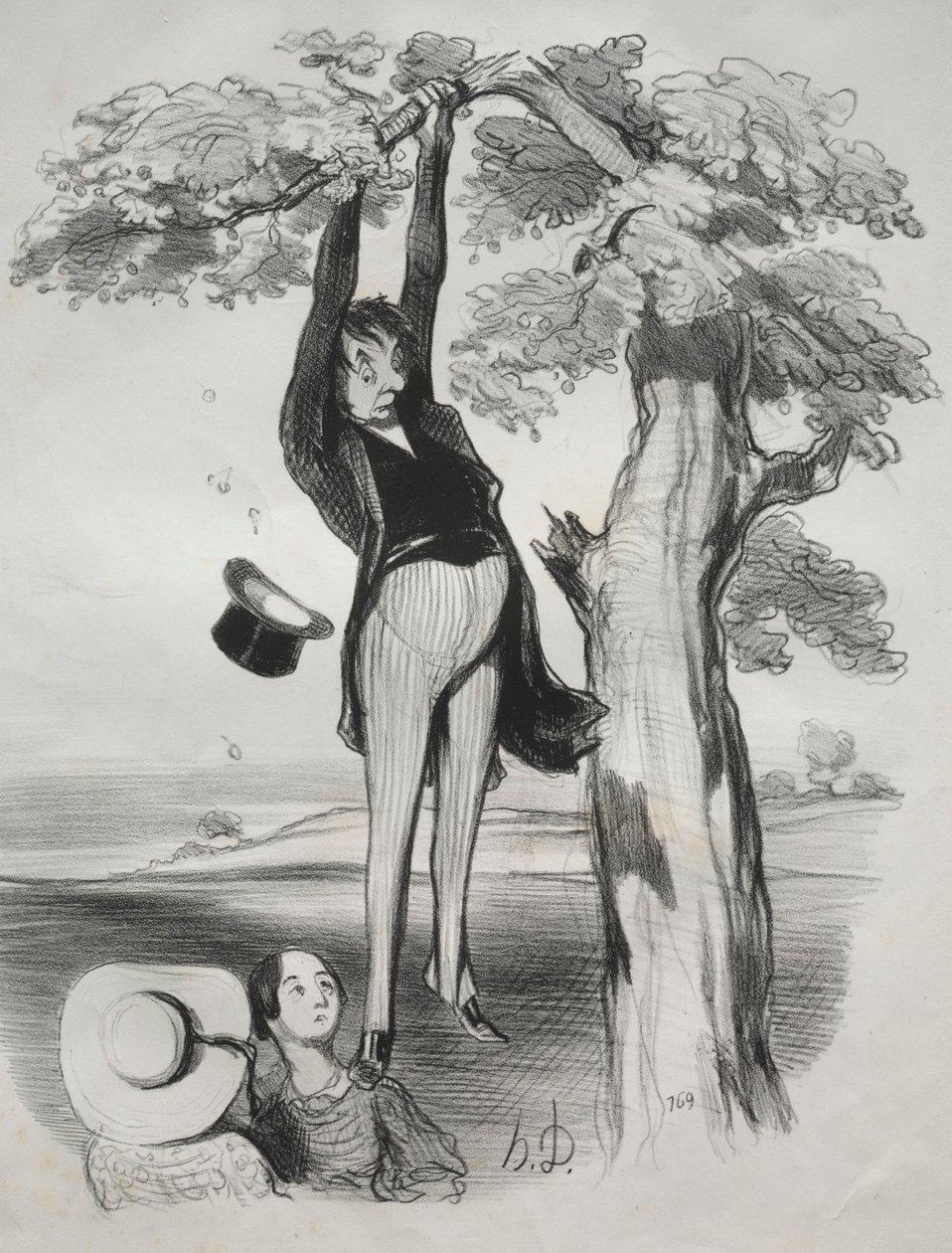Pastorales, planche 2 : Les dangers de secouer un prunier trop vigoureusement..., 1845 - Honoré Daumier