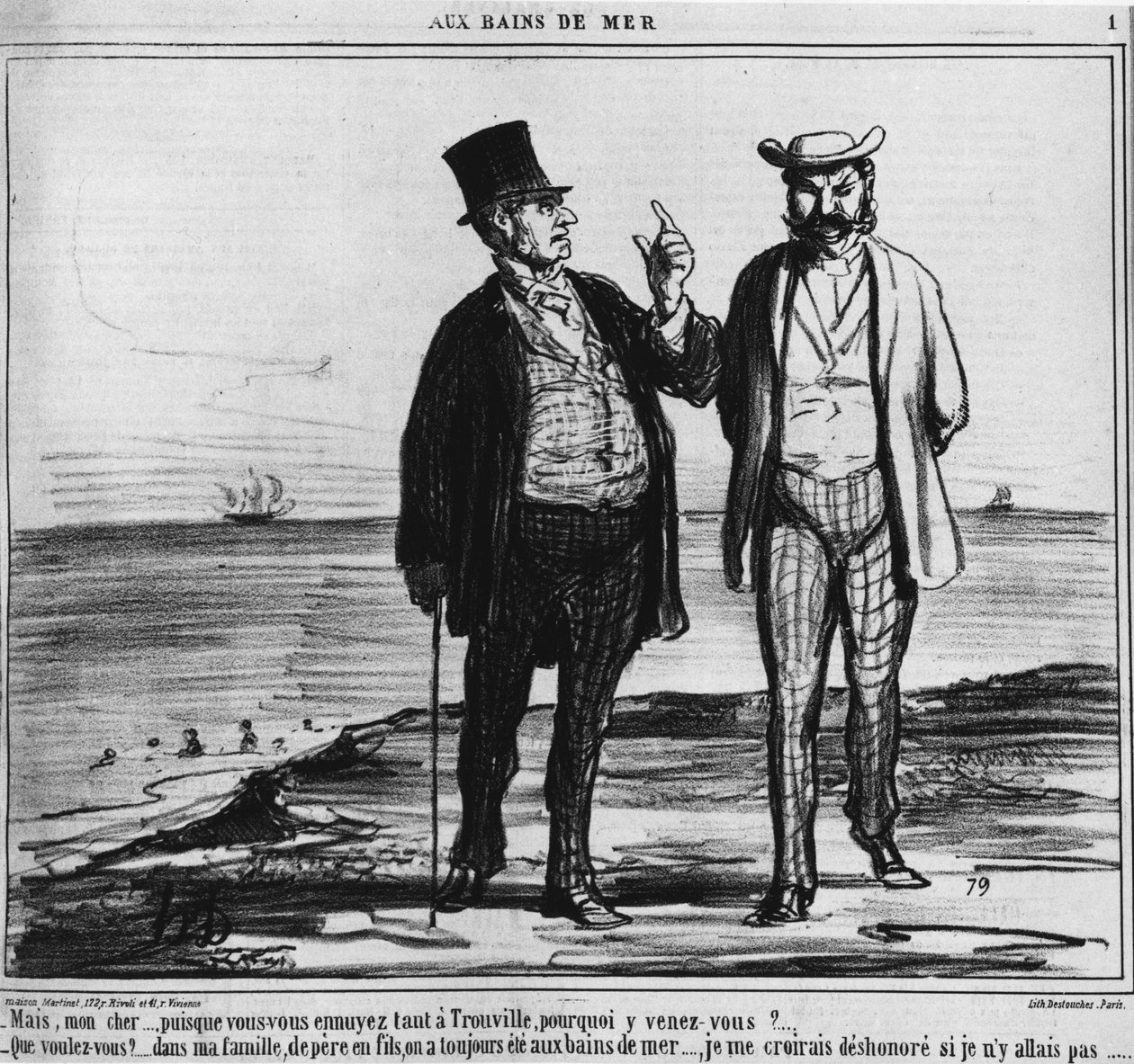 Bains de mer : Parisiens sur une plage de Trouville du poids des traditions et des habitudes familiales - par Honoré Daumier, dans « Charivari » du 25/08/1859 - Honoré Daumier