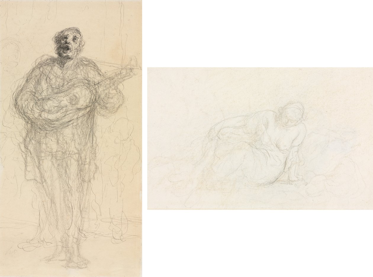 Guitariste chantant (recto); Femme allongée appuyée sur son bras (verso) - Honoré Daumier