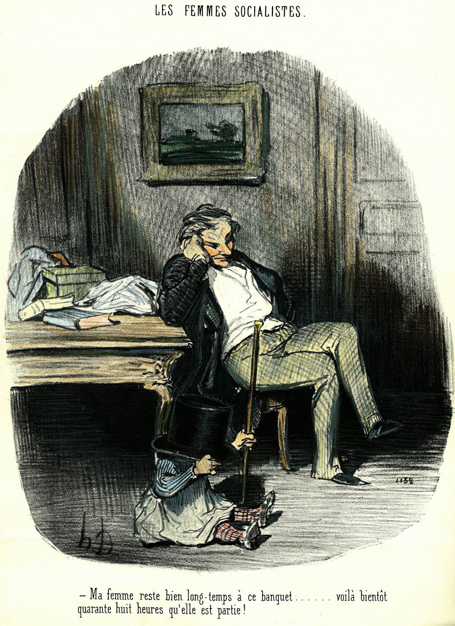 Femmes socialistes. Caricature anti-féministe représentant un homme attendant avec son enfant sa femme disparue depuis deux jours. Lithographie d