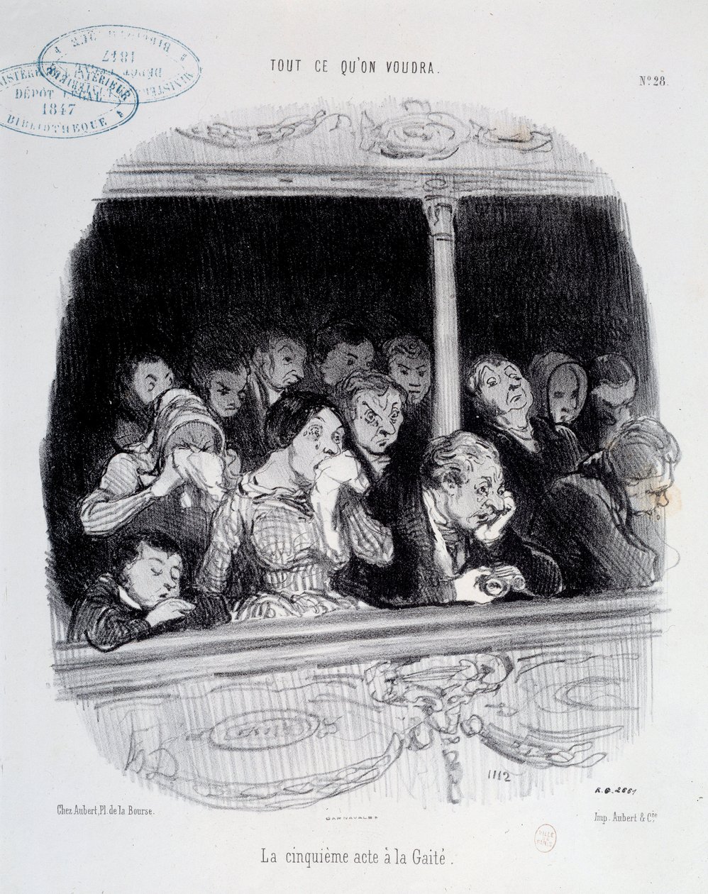 Le cinquième acte à la Gaîté. Expressions du visage du public pendant le spectacle (ennui, fatigue, désintérêt) Caricature par Honoré Daumier (1808-1879). 19ème siècle Paris, Musée Carnavalet - Honoré Daumier