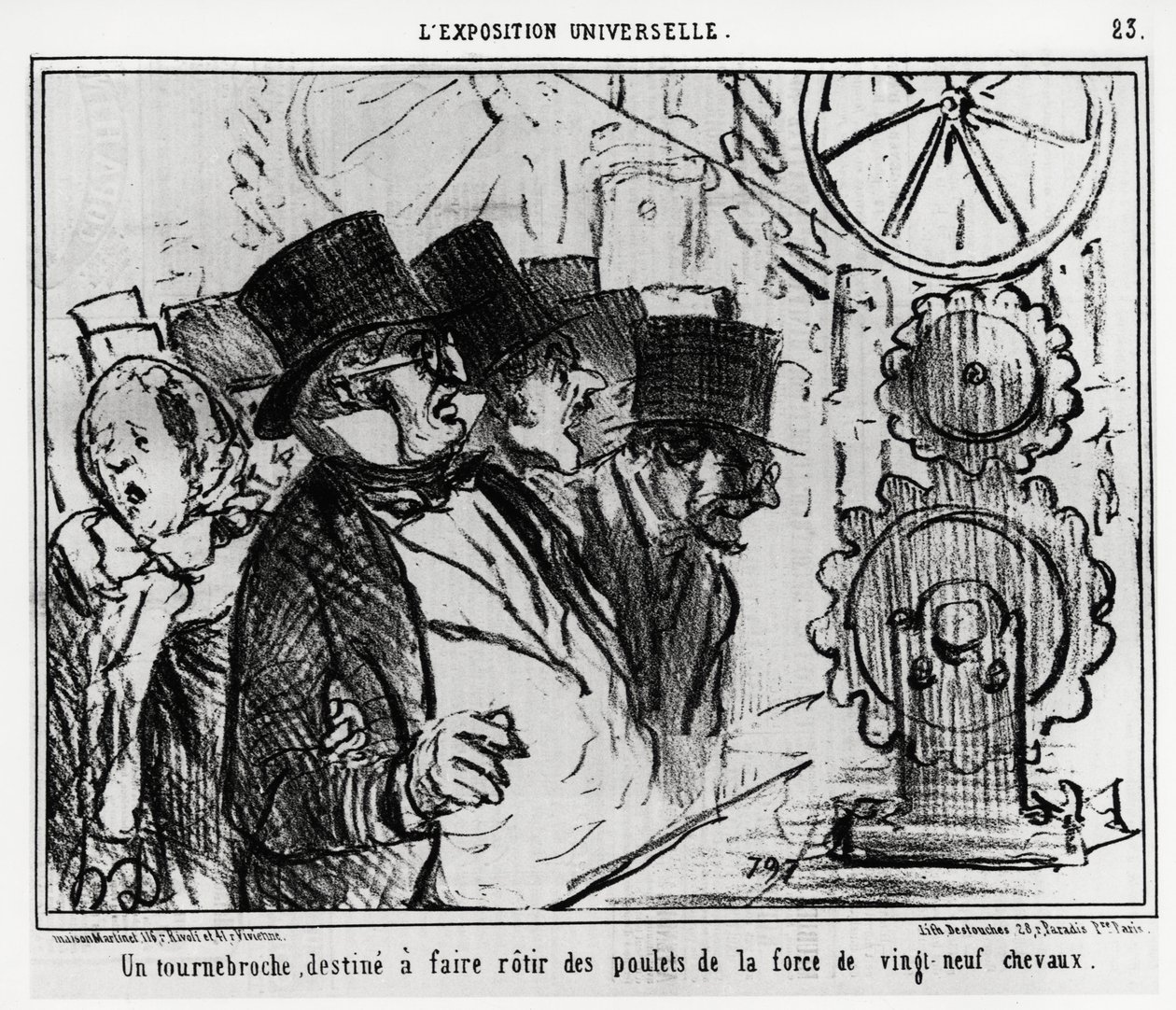 Exposition universelle : une table tournante, conçue pour rôtir des poulets avec la force de vingt-neuf chevaux. Illustration par Honoré Daumier (1808-1879), publiée dans les nouvelles, « Charivari », datée du 20 juillet 1855 - Honoré Daumier