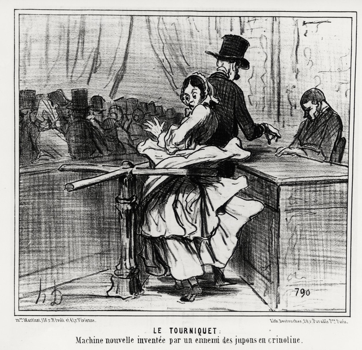Exposition universelle : le tourniquet : une nouvelle machine inventée par un ennemi des jupons à crinoline. Illustration d