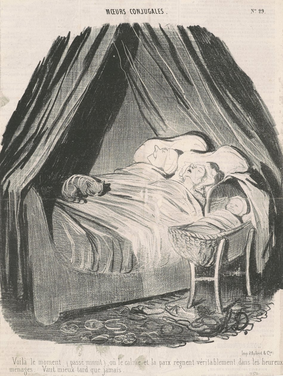 Voilà le moment (passé minuit) où le calme et la paix règnent véritablement dans les heureux ménages. Vaut mieux tard que jamais. - Honoré Daumier