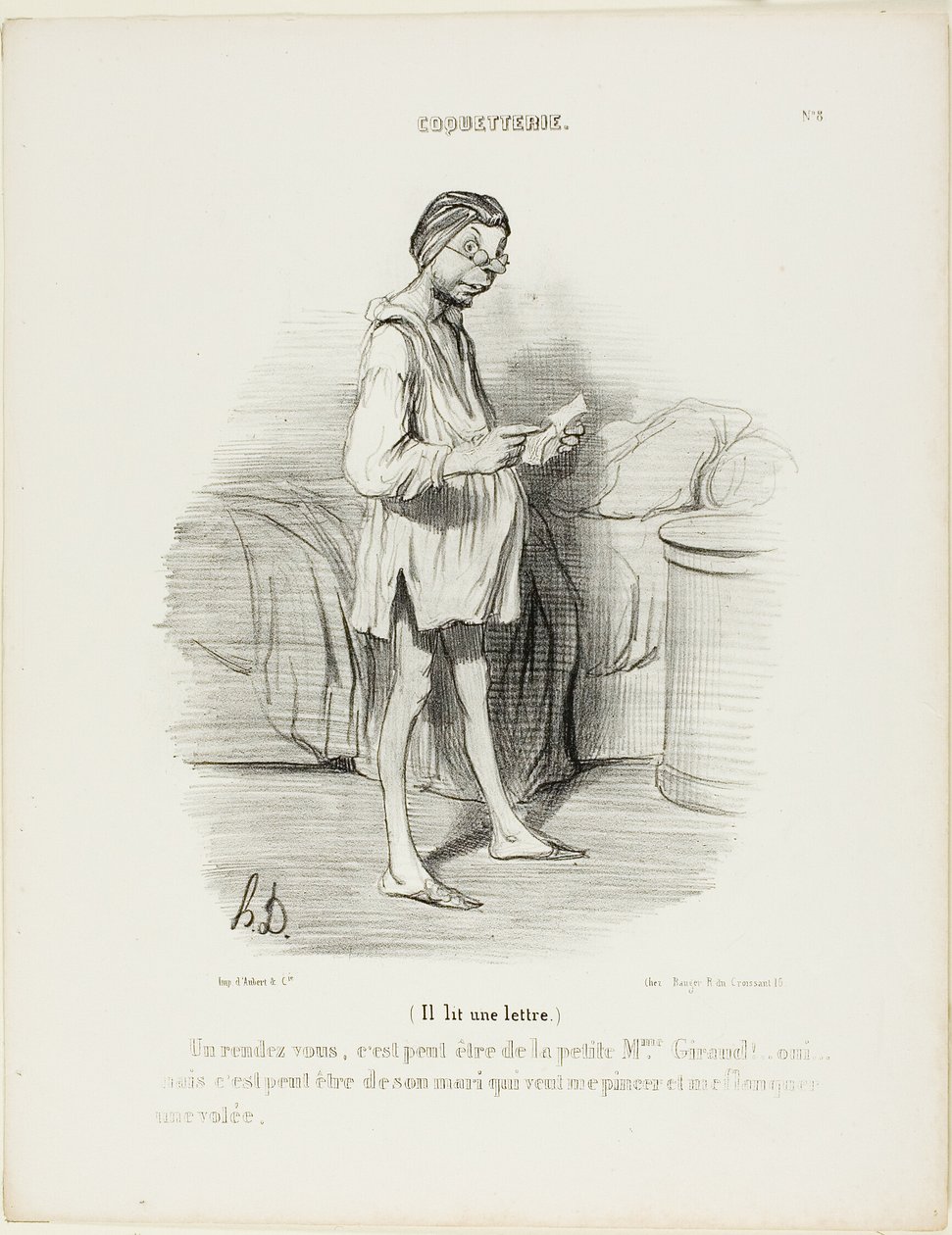 (Il lit une lettre) "Un rendez-vous, ce serait de la part de la jolie Mme Giraud  Oui, mais ça peut aussi venir de son mari qui veut me pincer...", planche 8 de la Coquetterie - Honoré Victorin Daumier