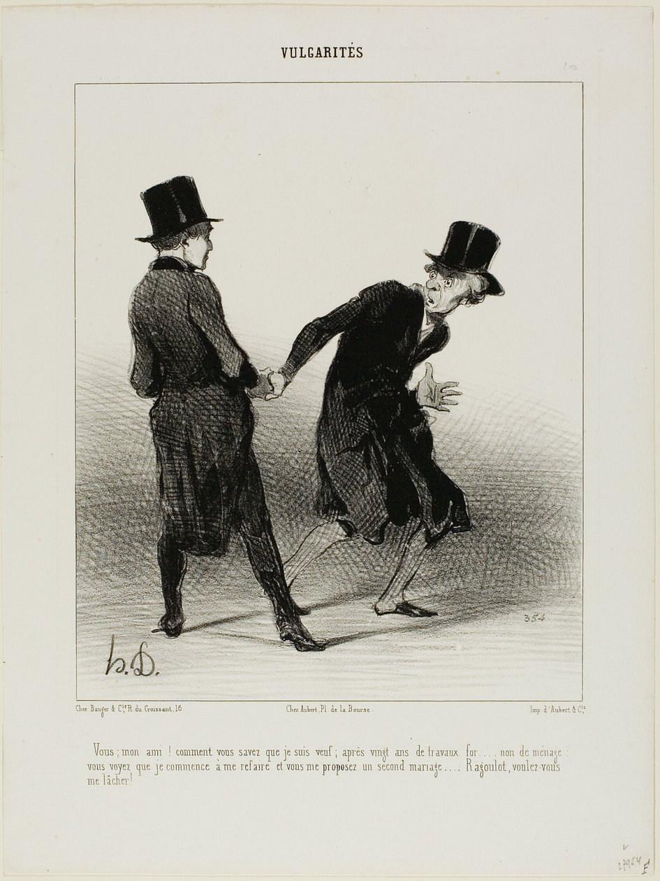 "Comment savez-vous que je suis veuf  Après vingt ans de travaux forcés, pas de mariage, je commence doucement à me ressaisir, et voilà que vous me proposez un second mariage ! Ragoulet, arrête de me tenir la main !", planche 10 fr - Honoré Victorin Daumier