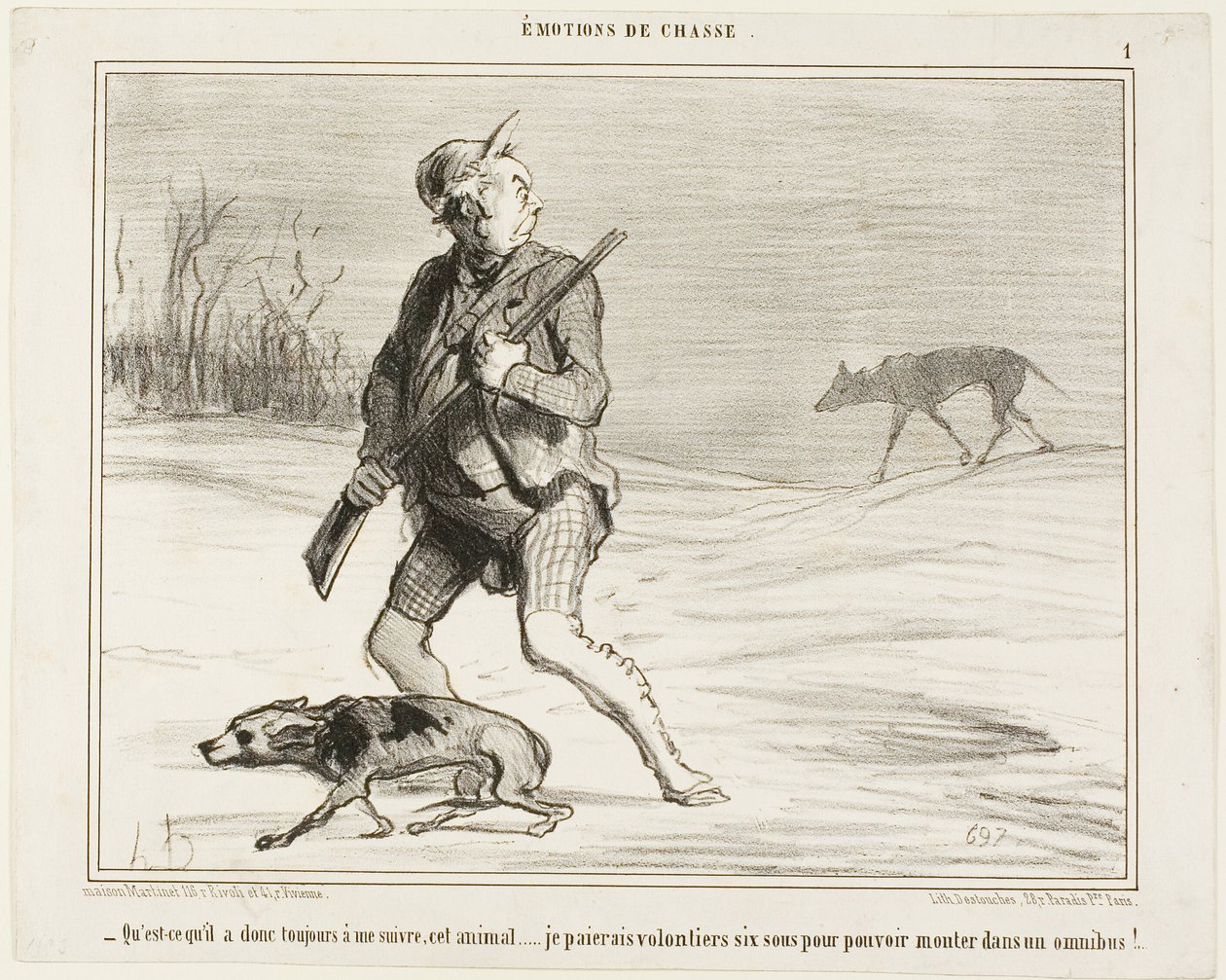 "- Je me demande pourquoi cette bête me suit tout le temps... Je paierai volontiers 6 sous pour sauter dans un bus", planche 1 de Émotions De Chasse - Honoré Victorin Daumier