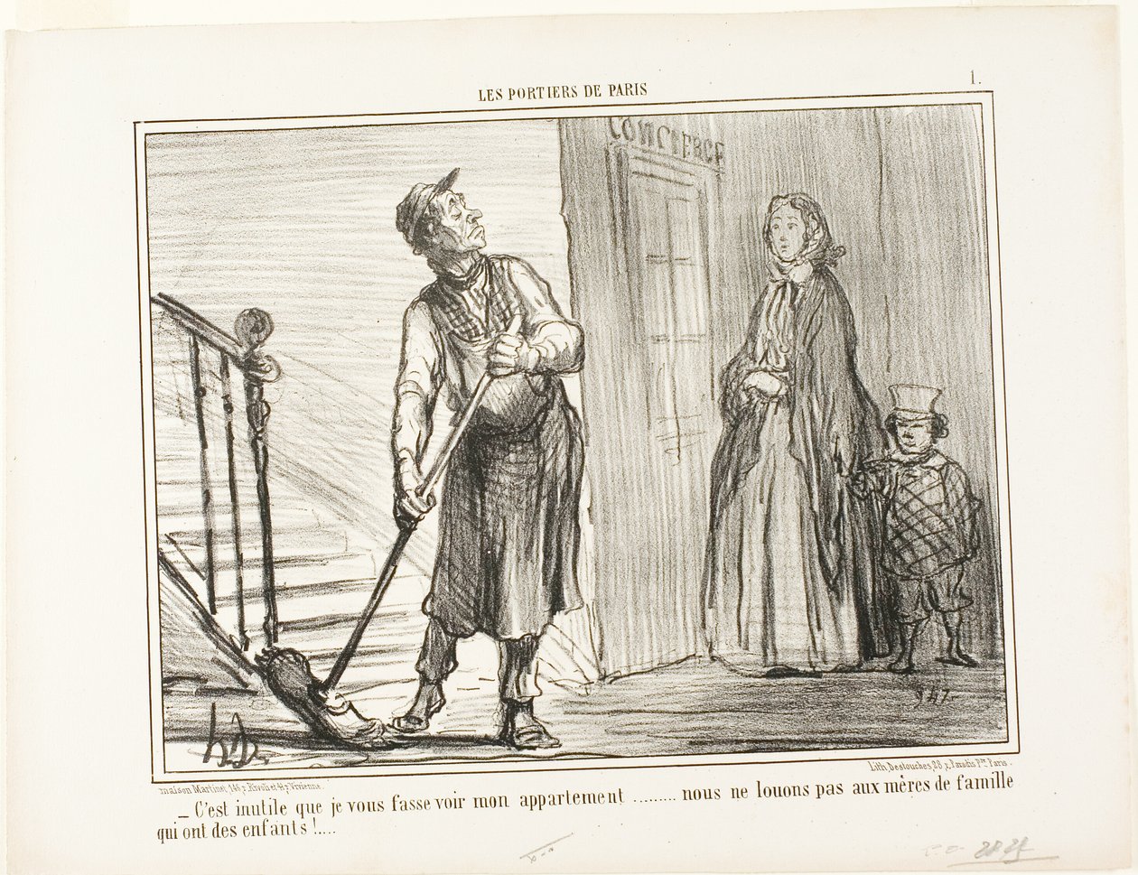 "- Il est inutile de vous montrer mon appartement. Nous ne louons pas aux mères avec enfants", planche 1 de Les Portiers De Paris - Honoré Victorin Daumier