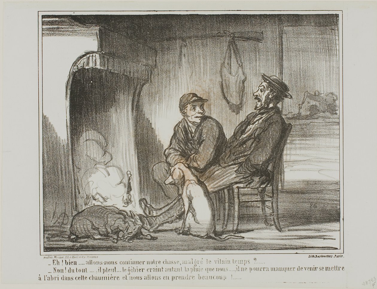 "- Et maintenant  Allons-nous continuer à chasser sous la pluie  - Non, pas du tout ! Les animaux ont autant peur de la pluie que nous. Ils risquent de ne pas pouvoir trouver cet abri, et nous finirions par en perdre trop !", planche 5 du Croquis De Chasse - Honoré Victorin Daumier