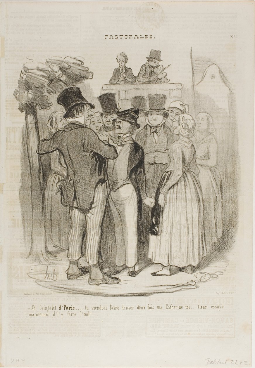 "- Alors, Gringalet de Paris !.... tu danseras deux fois avec ma Catherine ...... essaie encore maintenant de lui faire des yeux de mouton", planche 27 des Pastorales - Honoré Victorin Daumier