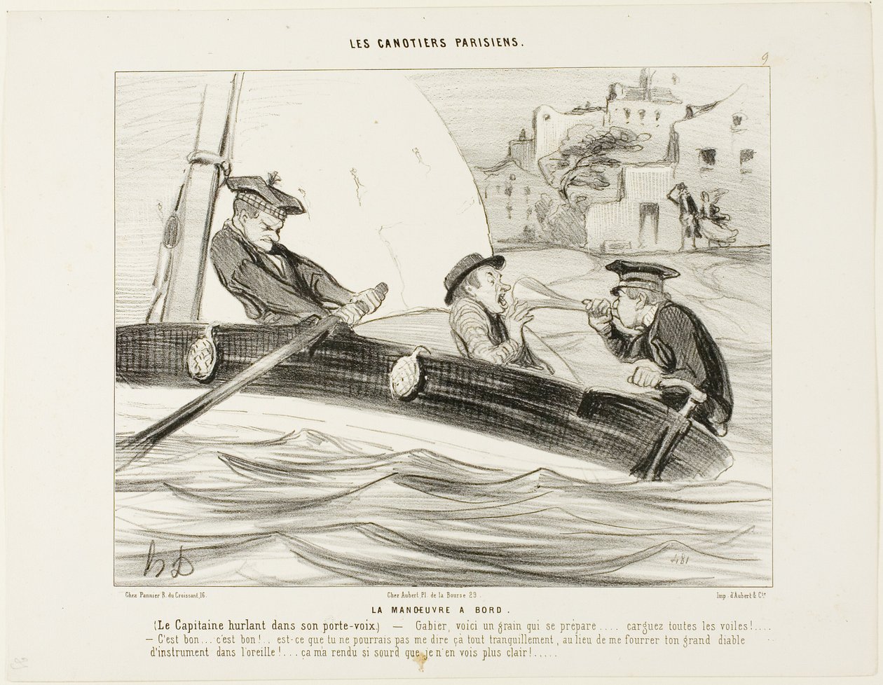 Une manœuvre de bateau. Le capitaine hurle dans sa trompette : "- Gabier ! Il y a un grain qui se prépare, préparez-vous !..... Hissez toutes les voiles !.... C