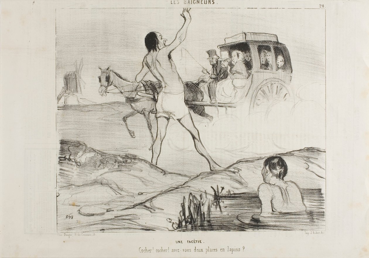 Une blague pratique. "Chauffeur ! Chauffeur ! Vous avez encore deux places dans la section des lapins ", planche 24 des Baigneurs - Honoré Victorin Daumier