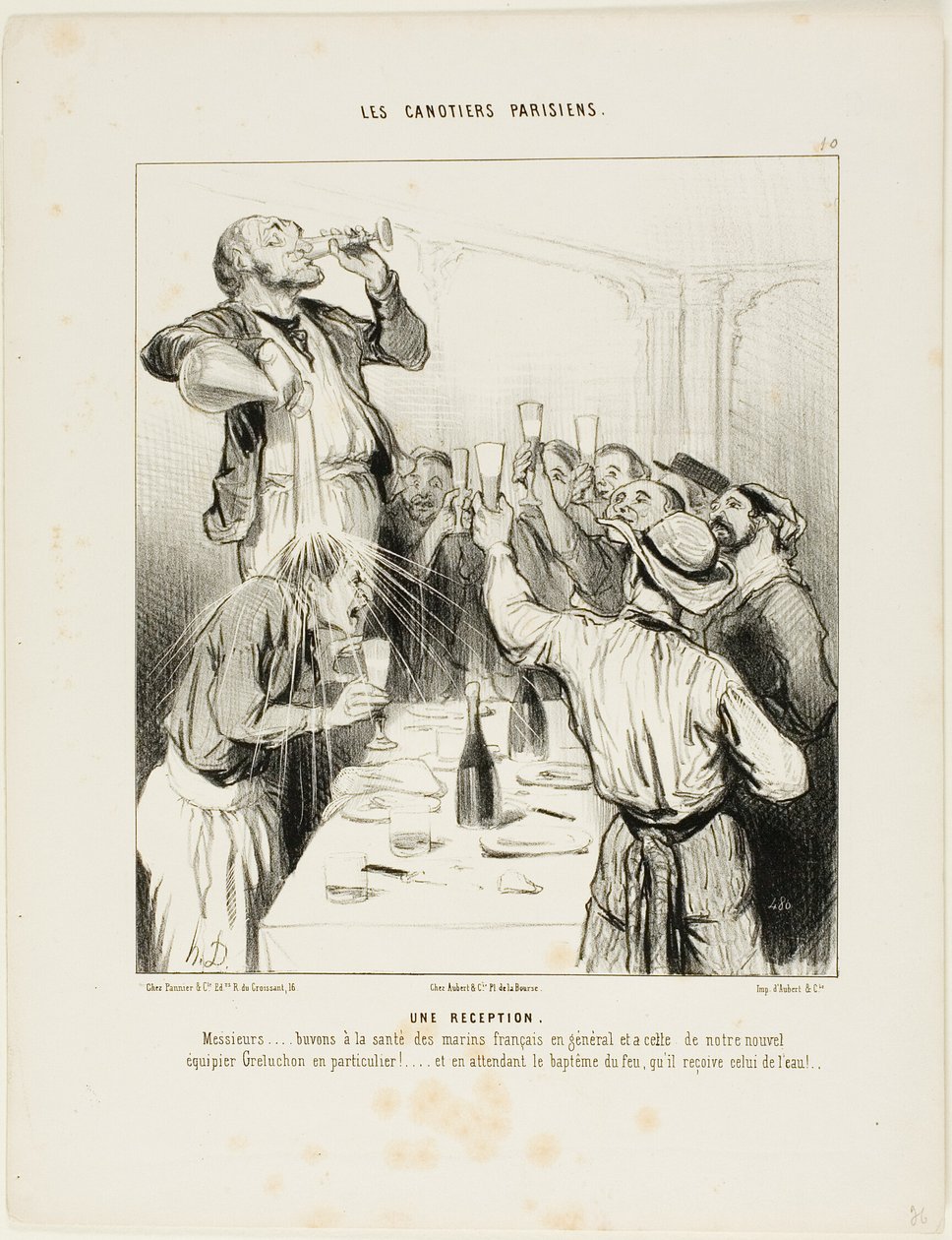 Une réception. "Messieurs..... buvons à la santé des marins français en général et à celle du nouveau coéquipier Greluchon en particulier !.... et en attendant son baptême du feu, nous lui en donnerons un à l
