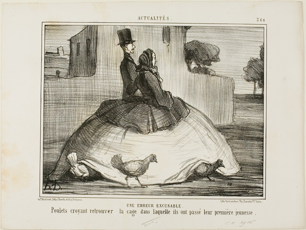 Une erreur excusable. Poulets pensant avoir retrouvé la cage où ils ont passé leur petite enfance, planche 21 de La Crinolomanie - Honoré Victorin Daumier