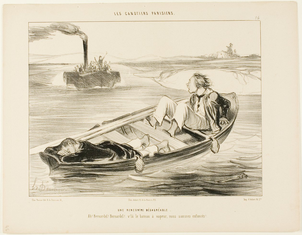 Une rencontre désagréable. "Bernardel, Bernardel ! Voici le vapeur... nous allons couler !", planche 16 des Canotiers Parisiens - Honoré Victorin Daumier