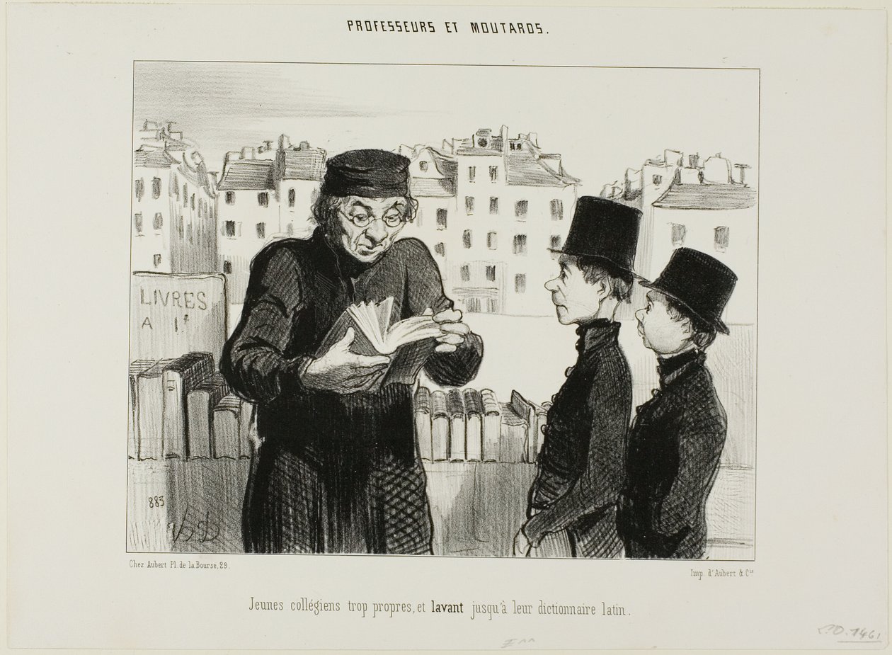 Des jeunes lycéens propres, ils essaient même de vendre leur dictionnaire de latin, planche 24 de Professeurs et Moutards - Honoré Victorin Daumier