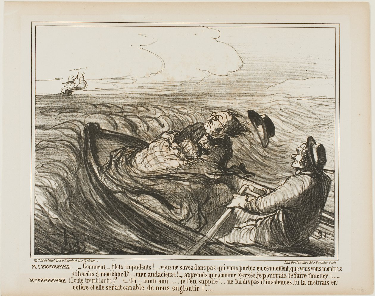 M. Prudhomme : "- Odieuses vagues.... ne savez-vous pas qui vous portez en cet instant ... oh audacieux... sachez que je vais, comme Xerxès, vous fouetter terriblement." Mme Prudhomme : (frissonnant de peur) "- Je vous en prie, mon cher ami, n