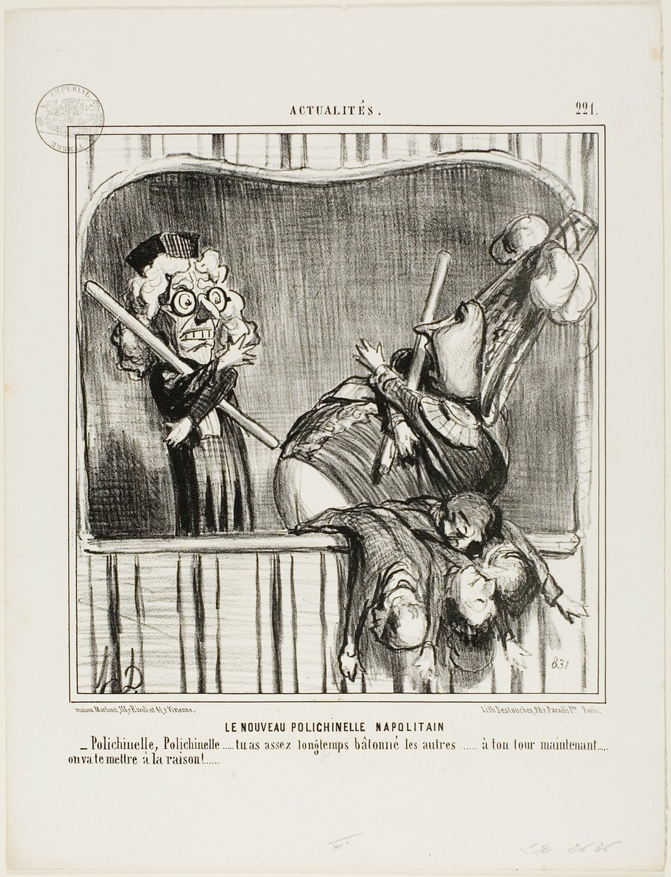 Le nouveau bouffon napolitain. "Polichinelle, Polichinelle, tu as assez matraqué les autres... à toi de jouer. Nous allons vous ramener à la raison...", planche 221 d