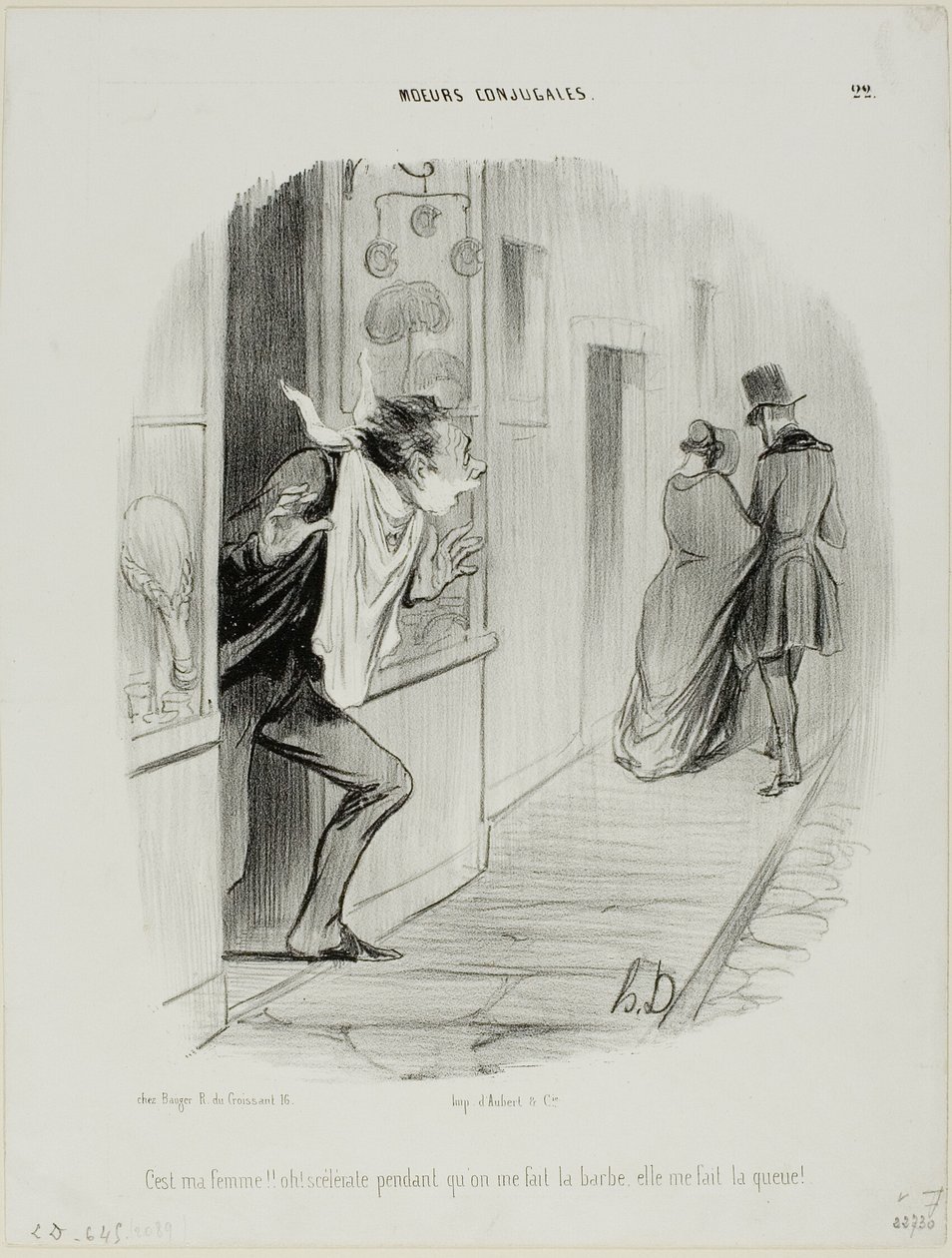 "Voilà ma femme ! Oh, la malheureuse, pendant que je me rase, elle me fait cocu !", planche 22 de Mœurs Conjugales - Honoré Victorin Daumier