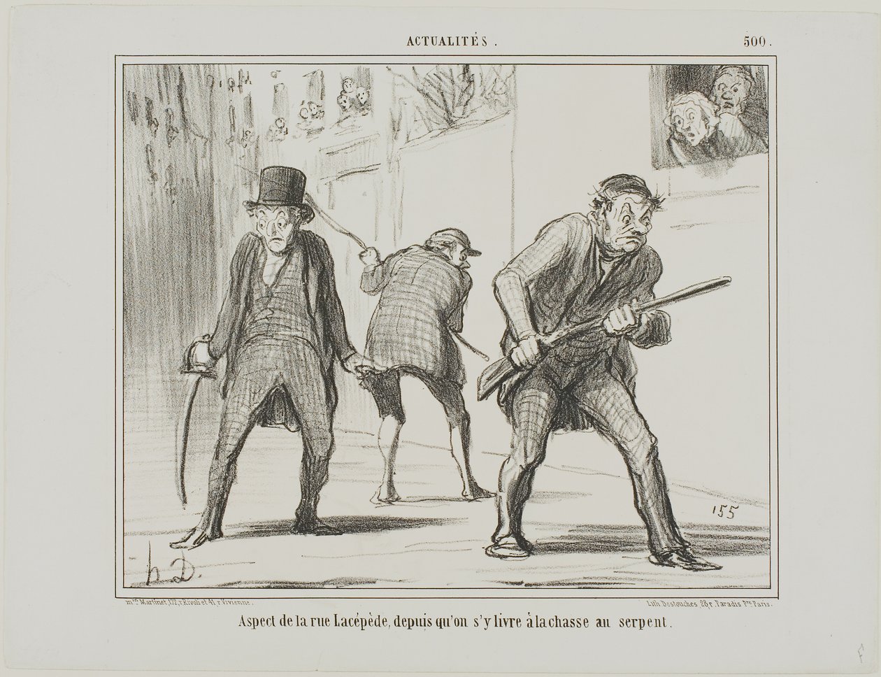 Vue de la rue Lacépède lors de la chasse au serpent, planche 500 des Actualités - Honoré Victorin Daumier
