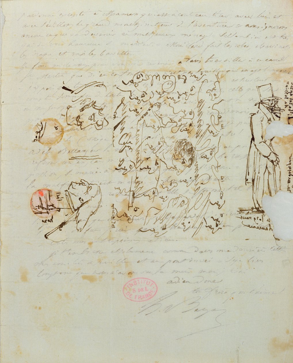 Lettre avec dessin envoyée à la sœur de Balzac, Laure, 1821 - Honore de Balzac
