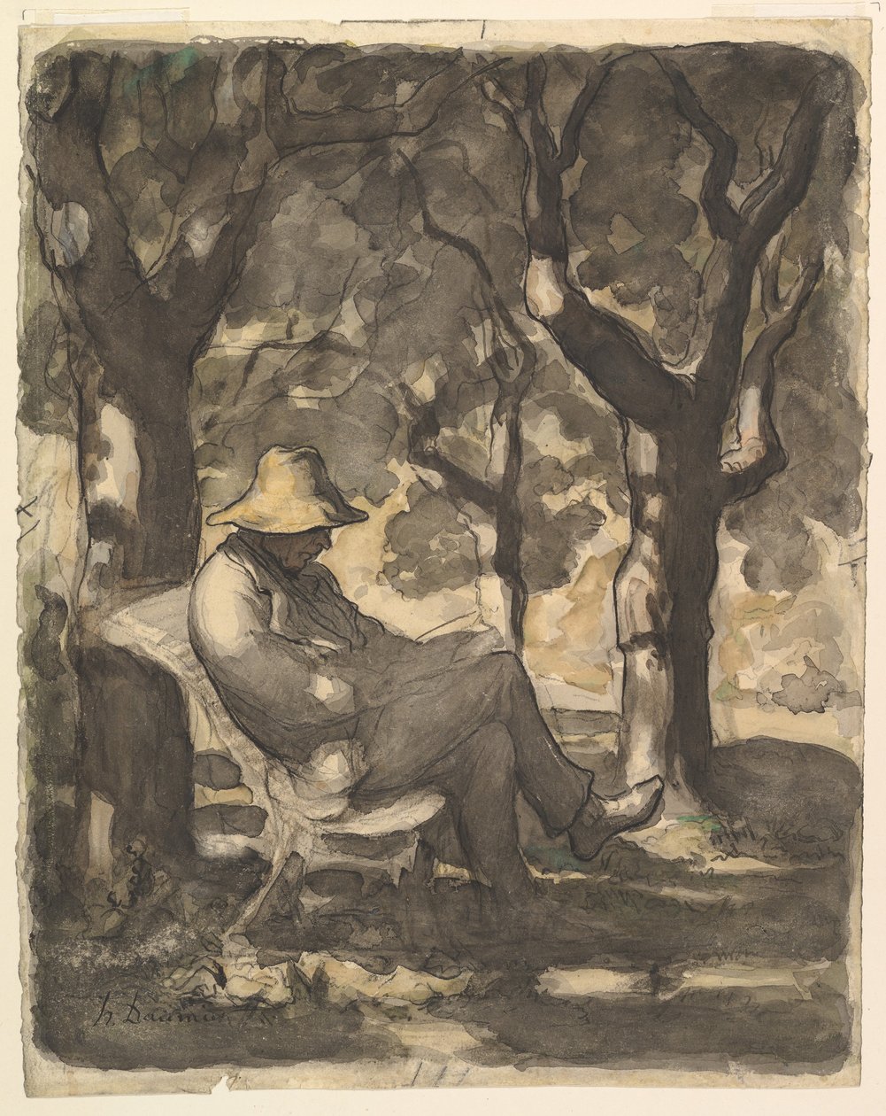 Un homme lisant dans un jardin (recto) ; Esquisse préliminaire pour « Un homme lisant dans un jardin » (verso) - Honoré Daumier