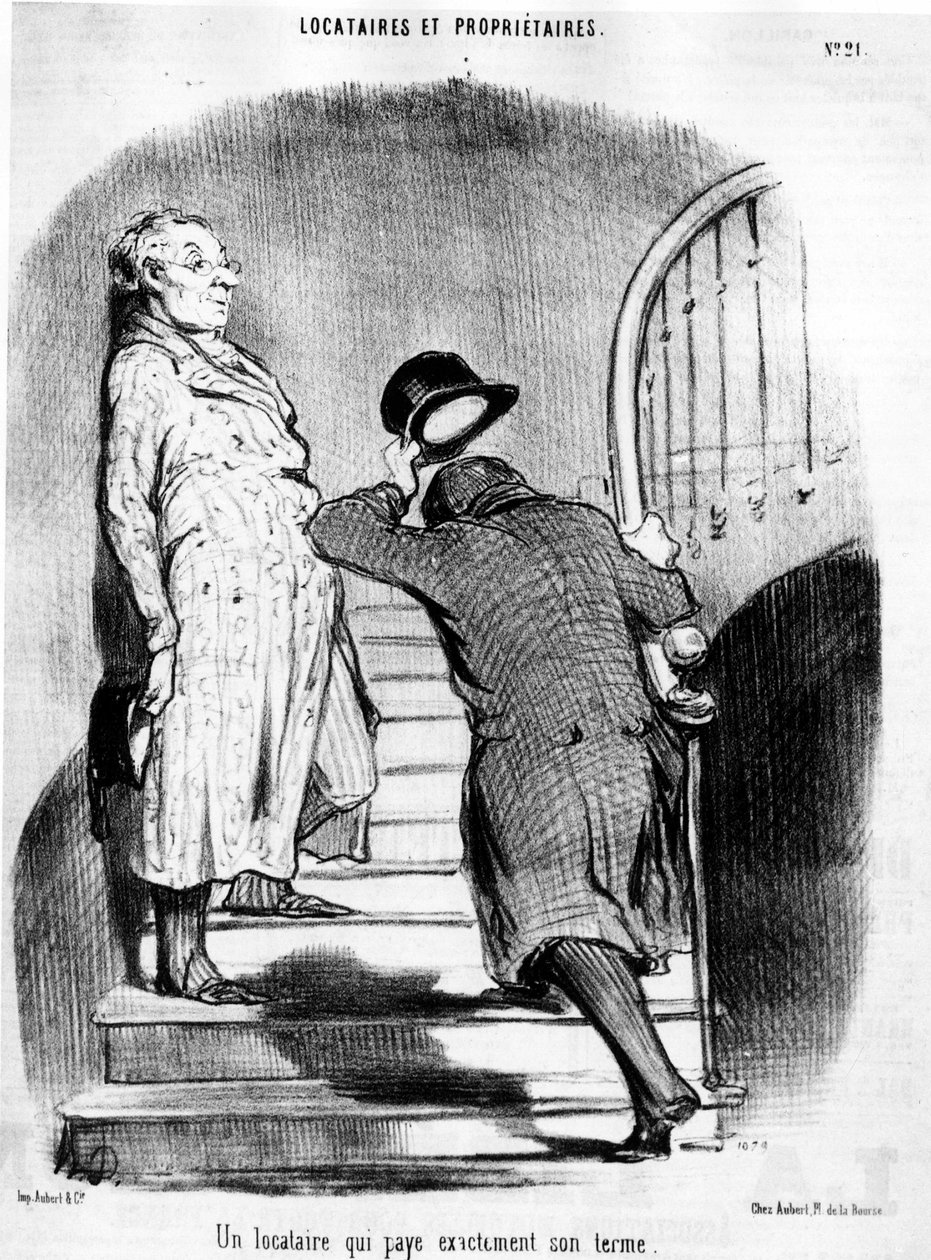 Un locataire qui paie exactement son terme, tiré de « Locataires et Propriétaires », série de caricatures par Honoré Daumier (1808-1879). « Charivari » - Honoré Daumier