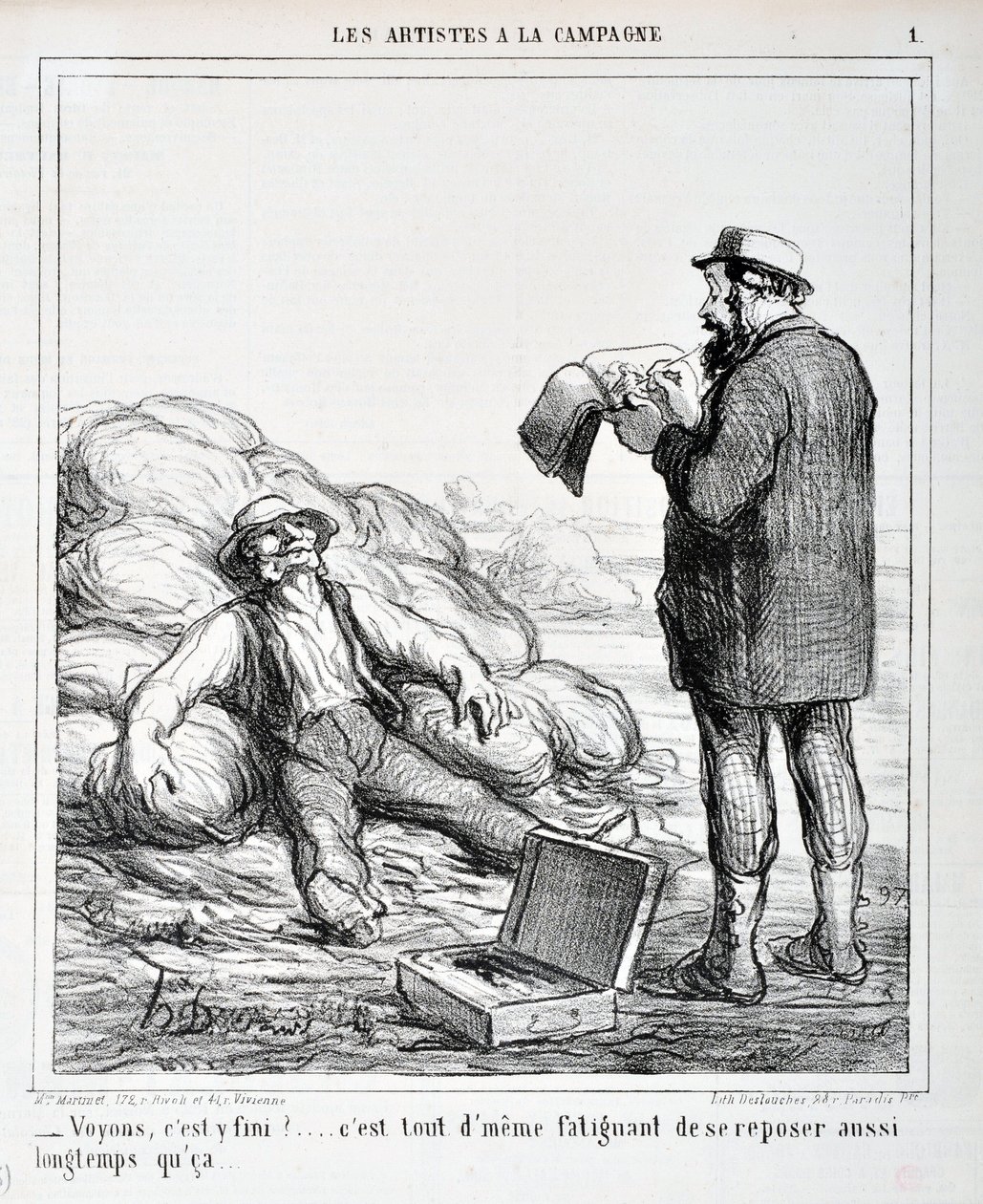 Œuvre de Honoré Daumier (1808-1879). Charivari date de 1865: Série LES ARTISTES À LA CAMPAGNE « - Voyons, est-ce fini?... C
