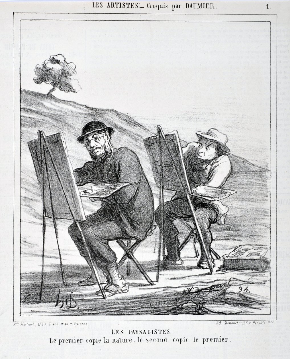 Œuvre de Honoré Daumier (1808-1879). Charivari date de 1865 : Série LES ARTISTES Les paysagistes. « Le premier copie la nature, le second copie le premier » MUSÉE DES BEAUX-ARTS - PALAIS LONGCHAMP, MARSEILLE - Honoré Daumier