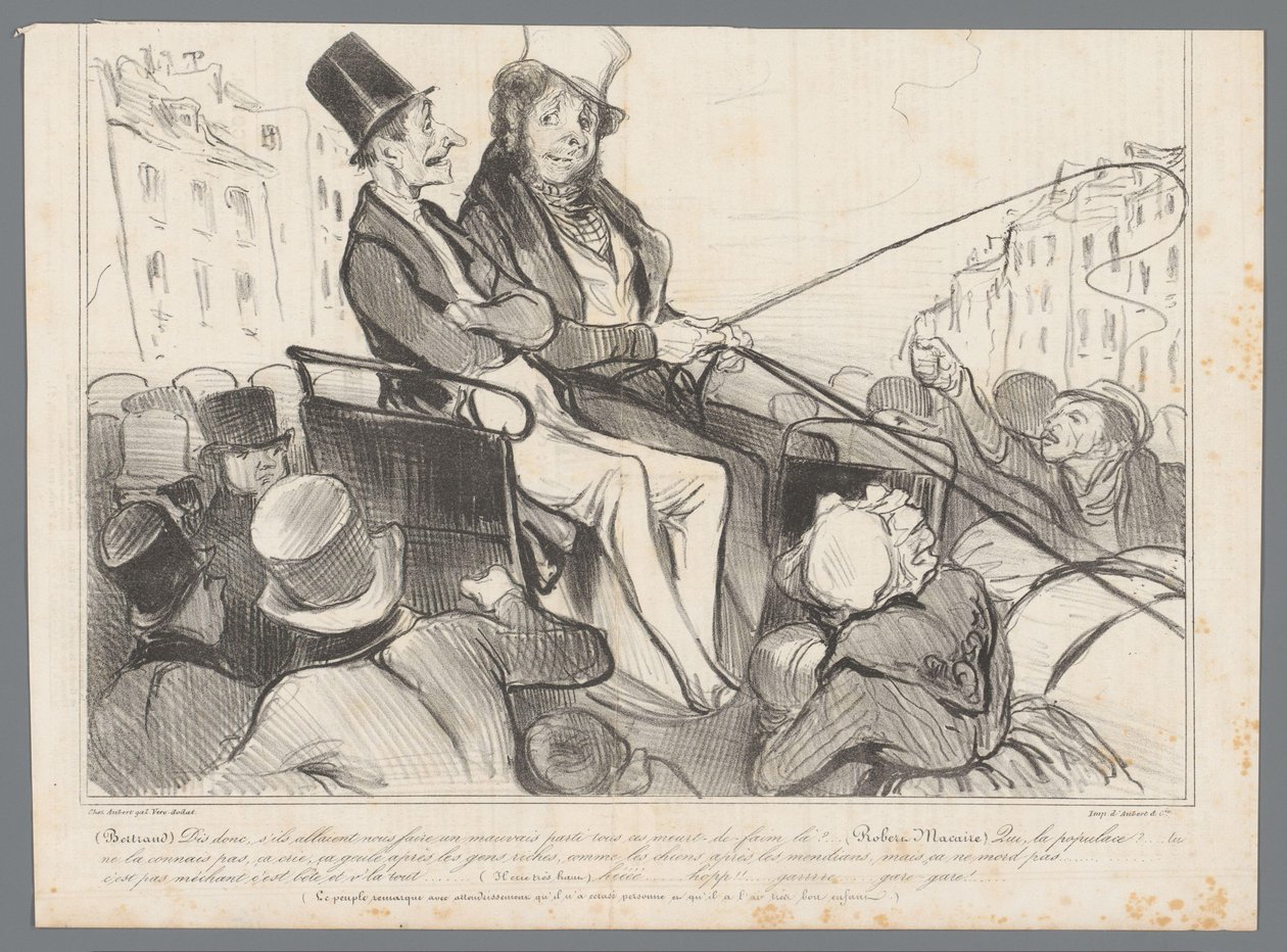 Bertrand et Robert-Macaire dans une calèche, entourés de gens - Honoré Daumier